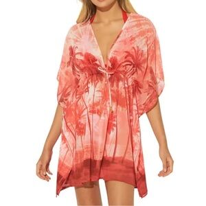 Bleu Rod Beattie orange tropical Swim Coverup with Kimono Sleeves size small